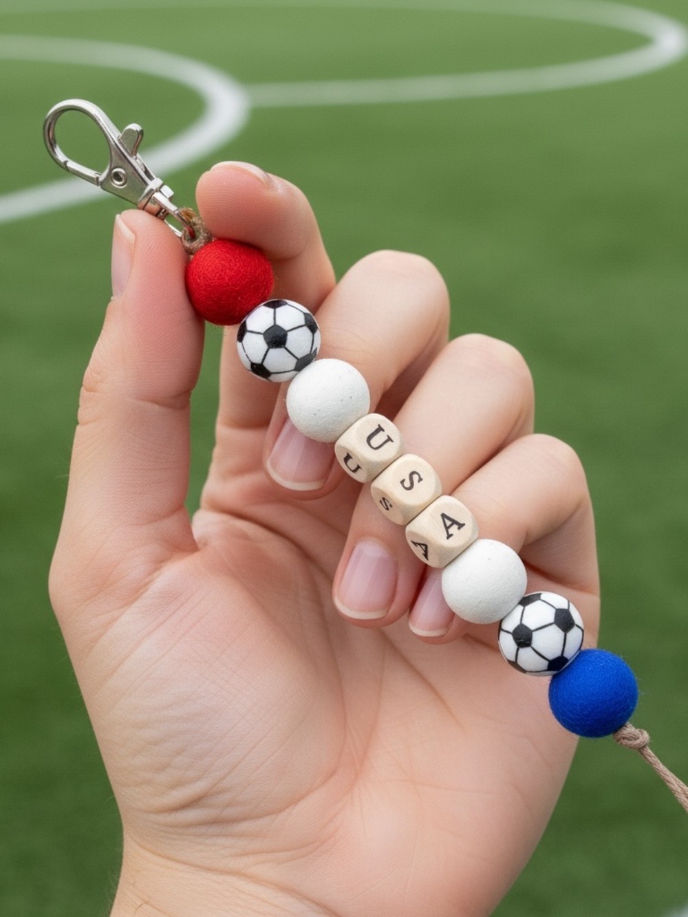 Hand Crafted Kids Soccer Keychain - Red, White & Blue
